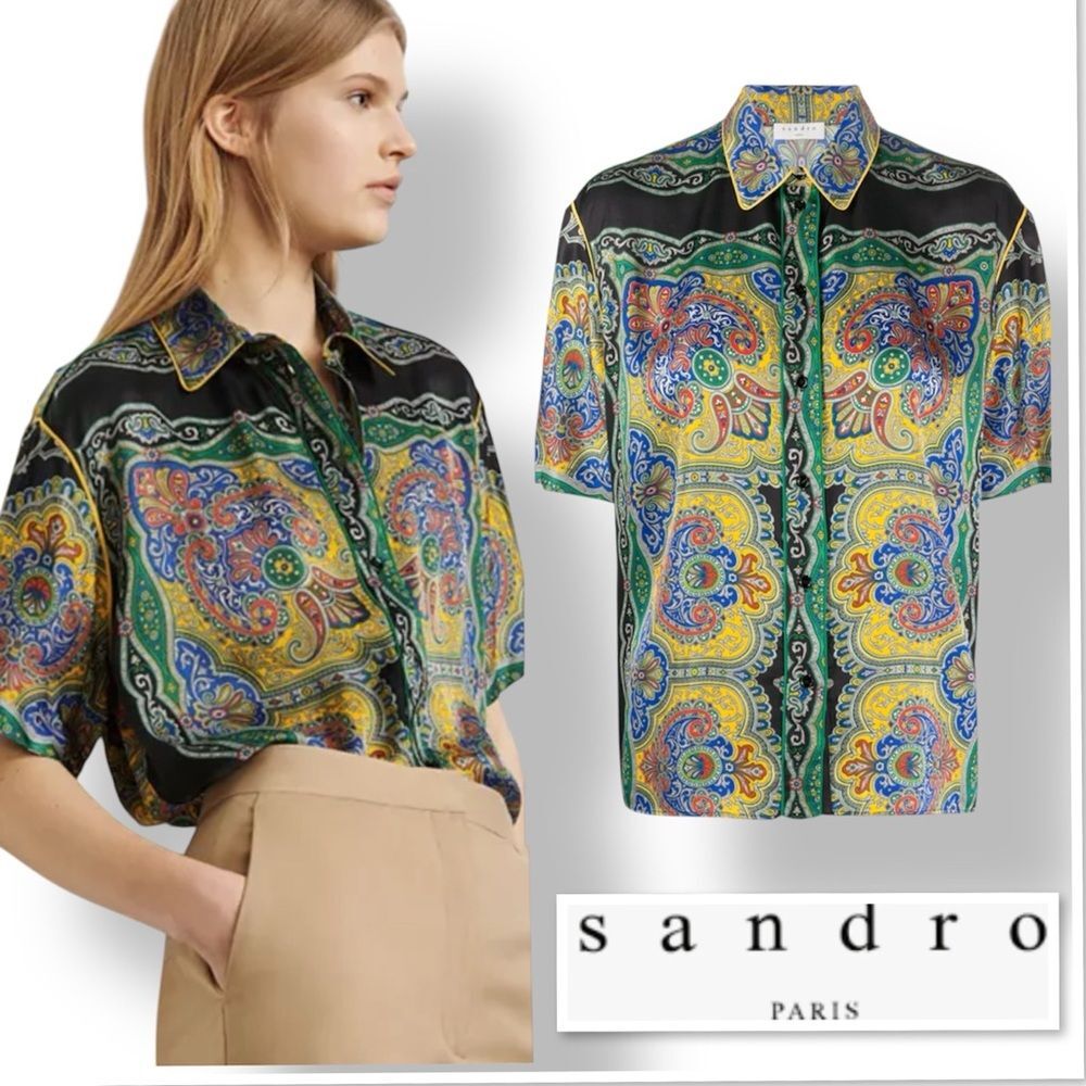 Sandro Ramy Paisley Print Satin Shirt Short Sleeve Silk-Feel Multi Size 8